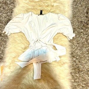 White Tie-Front Puff Sleeve Blouse